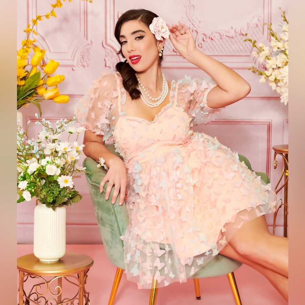 UNIQUE VINTAGE Pastel Rainbow Butterfly Tulle Babydoll Dress Puff Sleeve Peach M